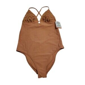 Shade & Shore Crochet One Piece Swimsuit M Medium Brown Boho High Leg Cheeky NWT